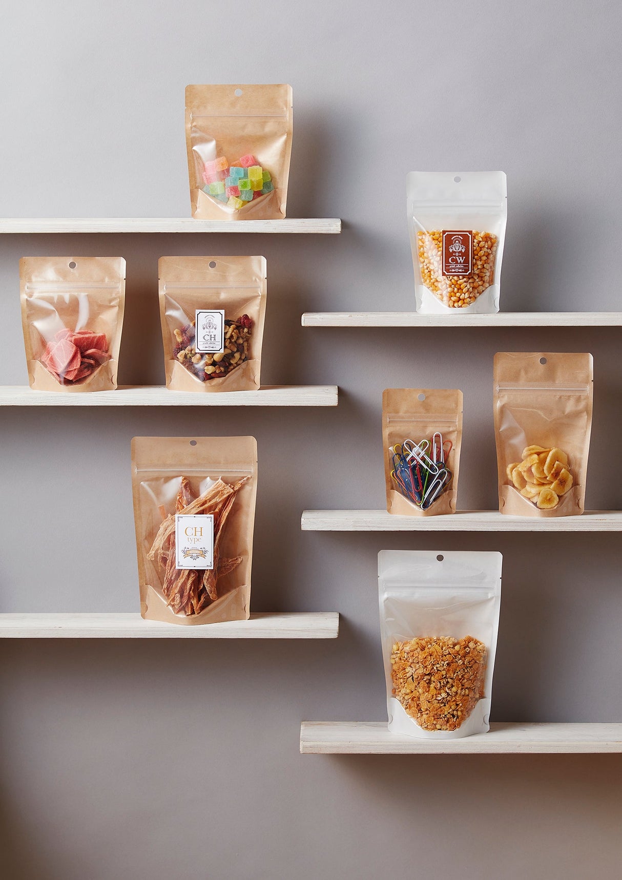 【CH】チャック付スタンドパック袋表 静防透明蒸着PET#12//NY#15/PE#15/LL#60 裏 クラフト50g//透明蒸着PET#12/PE#15/LL#60