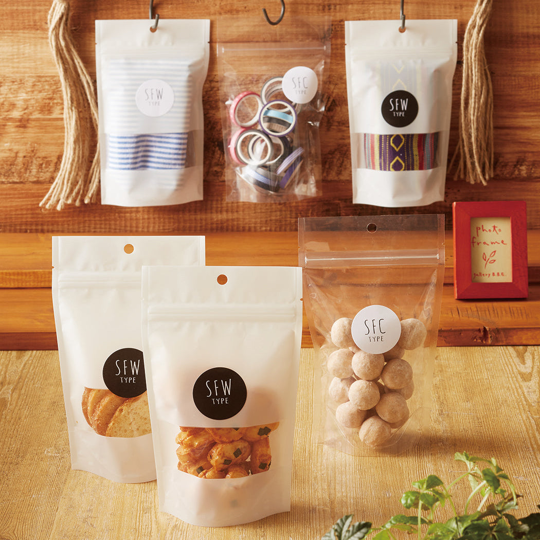 【SFW(白)】チャック付スタンドパック袋OP#20//透明蒸着PET#12//CP#50