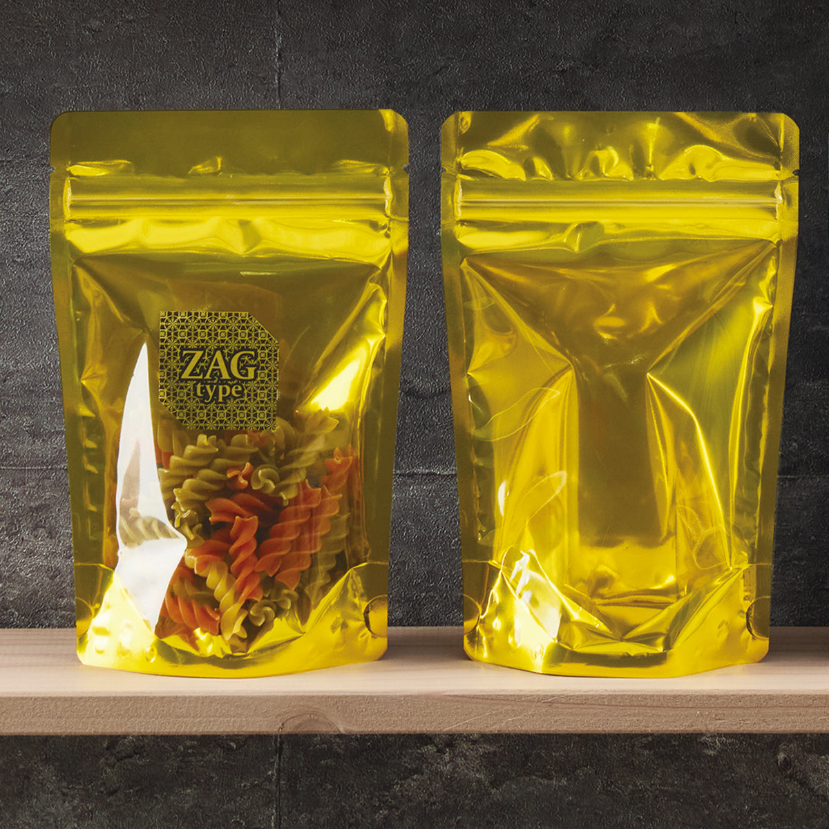 【ZAG(金)】チャック付スタンド袋(表)OP#20//透明蒸着PET#12//CP#50(裏)OP#20//VMPET#12//CP#50