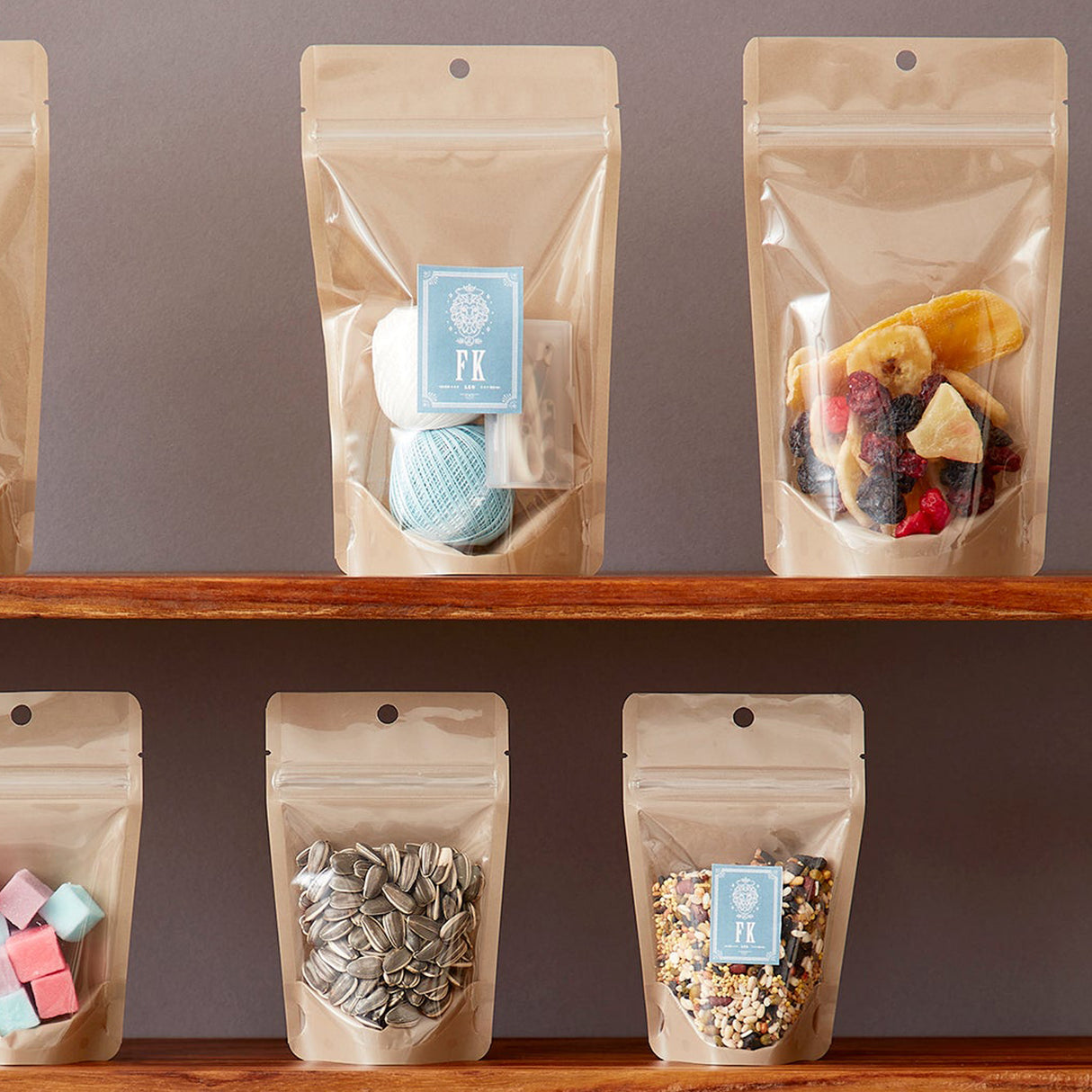 【FK】チャック付スタンドパック袋OP#20//透明蒸着PET#12//CP#50